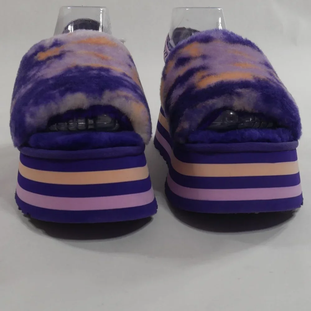 New UGG® Plush Disco Marble Fur Platform Slides Violet Night Womens Size 10